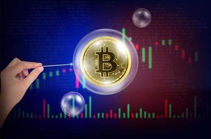Hand holding needle trying to burst bitcoins in a soap bubble on stock market graphs charts. Business speculation with a businessman overvalued inflated economy. Financial crisis concept. 3D Vector. vector
