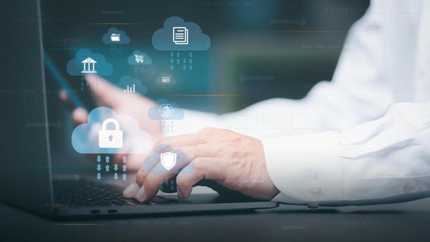 businessman using laptop Login to cyberspace through secure online technology and password protection and authentication to authenticate privacy,access to cybersecurity information. photo