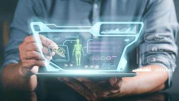 Doctors work with medical treatment icons on virtual screen interfaces, and electronic medical records on tablets. science and innovation Medical technology and networks photo