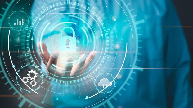 Businessman logging into cyberspace through secure online technology and protection and authentication, password privacy authentication and authentication, access to cybersecurity information. photo