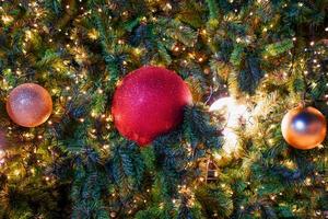 Closeup christmas tree and red ball hanging photo