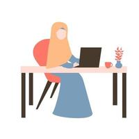 Muslim woman work on laptop vector