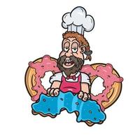 Cartoon Mascot of Bearded Boy With Douhgnut. Good for Food Business. vector
