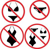 No swim wear icon on white background. Nude Beach Summer Set. Forbidden sign with bikini sign. flat style.