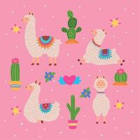 cute llamas and cactus vector