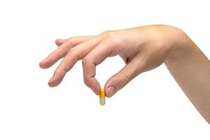 Hand holding capsule pill isolated on white background ,include clipping path photo