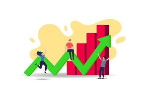 Arrow stock indicates the trend of the stock market uptrend. A man was sitting above the arrow and a group of people was happy There is a red candle in the back. vector