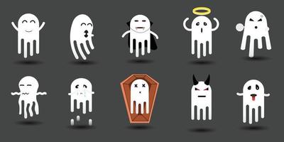 personajes fantasmas blanco varios. hay una variedad de emociones. buen humor, estado de ánimo triste, estado de ánimo enojado, divertido, indiferente, mostrando tanto expresiones faciales como gestos. vector