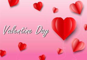 Valentines in paper cut style and vector design on pink background Valentine's Day is written with a red heart floating like a transparent ball with a rope hanging over it.
