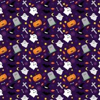 Halloween pattern vector illustration with purple background elements. Consists of pods, ghosts, graves, and spider webs, and can be used in many ways.