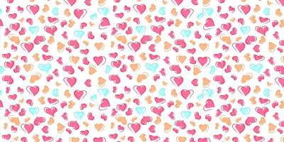 Hand drawn heart vector abstract pattern with various shapes in three colors of red-orange and blue arranged on a blue background.