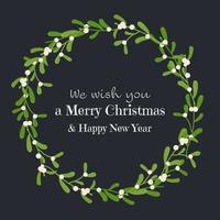 Christmas wreath with mistletoe and Wish you a Merry Christmas text. Vector illustration, template for greeting card