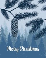 Christmas greeting card with Fog evergreen landscape of Pine, spruce, christmas tree and fir twig with cone. Vector illustration in hand drawn style