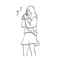 mujer cantando una canción con ilustración de micrófono vector dibujado a mano aislado en el arte de línea de fondo blanco.