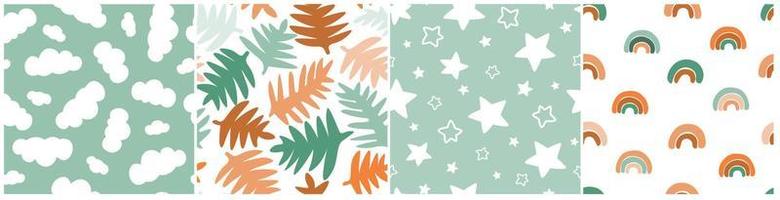 A set of seamless patterns with a natural children's abstract ornament. Clouds, stars in the sky, rainbow, leaves in Scandinavian style. Vector graphics.