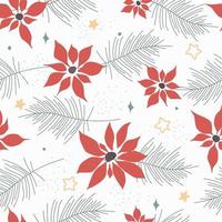 Seamless pattern with Christmas poinsettia flower. Winter New Year's print with snowflakes, spruce branches. Vector graphics.