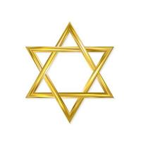 Jewish Star of David. Golden six-pointed star isolated on white background. 3d realistic hexagonal figure. Gold Magen David. Vector icon. Easy to edit template for jour designs.