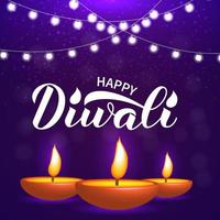 Happy Diwali calligraphy hand lettering with burning diya candles. Traditional Indian festival of lights typography poster. Vector template for banner, flyer, sticker, postcard, greeting card.