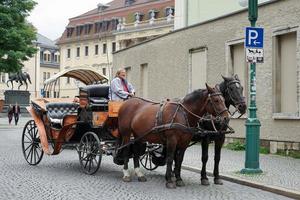 weimar, alemania, 2014. caballos y carruajes en weimar, alemania. tres personas no identificadas foto