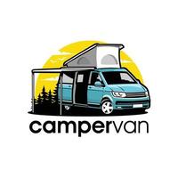 aventura de camping en autocaravana premium en paisajes al aire libre. lo mejor para la industria relacionada con autocaravanas vector