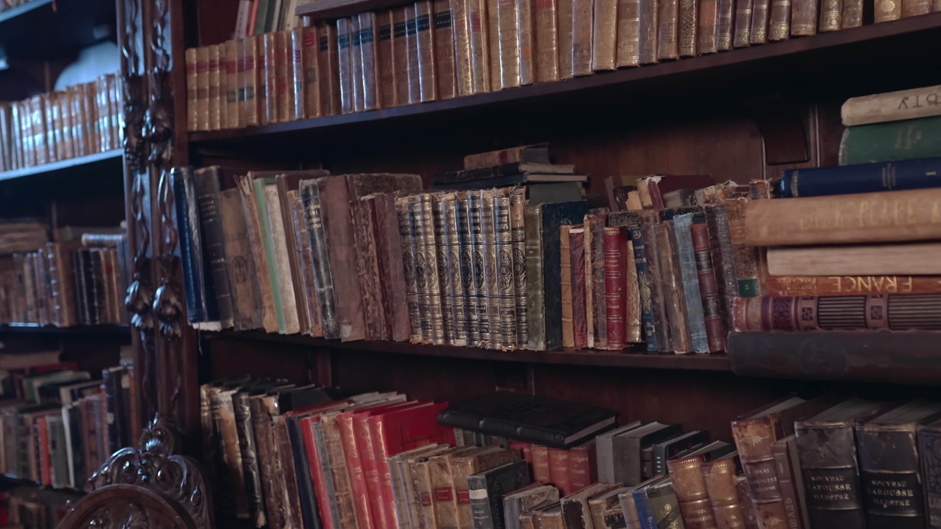old library with shelves of antique books. 11095119 Stock Video at Vecteezy