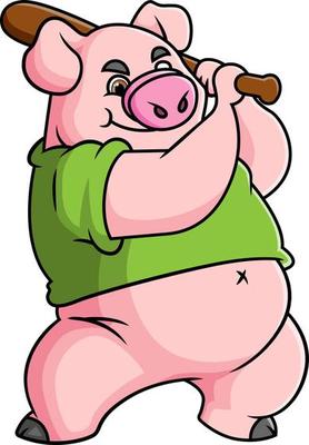 The big pig is playing a baseball and going to hit the ball
