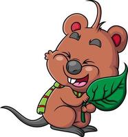 The happy quokka is laughing and holding the leaves vector