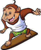 The happy chimpanzee is playing the surfing in the big wave vector