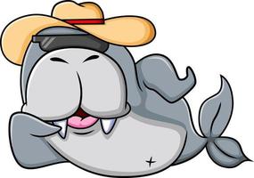 The cool walrus is laying down in the beach and wearing the sunglasses and straw hat vector