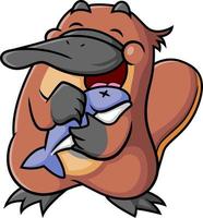 The happy platypus is holding the fish with the happy expression vector