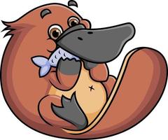 The cute platypus is eating a fish while sitting vector