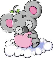 The koala is sleeping on the cloud while holding a heart shape love vector