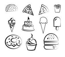 boceto vectorial de hamburguesas de comida rápida, helados, donuts y más para icono vector