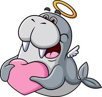 The cupid walrus is holding the pillow heart with the happy expression vector