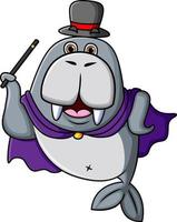 The cute walrus is doing the magic with the magician costume and the magic stick vector