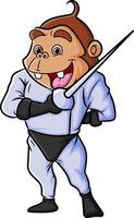 The chimpanzee is playing the fencing and showing the sword vector