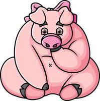 The good pig is sitting and feeling so worry while wearing ribbon vector