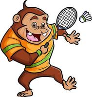 The chimpanzee is playing the badminton and hit with the racket