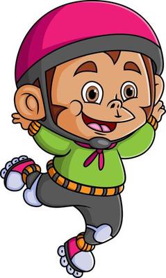 The cute monkey is playing roller skates and wearing helmet