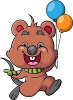 The happy quokka is running and holding the colorful balloon vector