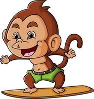The happy monkey is playing a surfboard on the beach