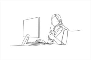 Single one line drawing woman operator with headset and computer makes a gesture with her thumb up. Customer service concept. Continuous line draw design graphic vector illustration.