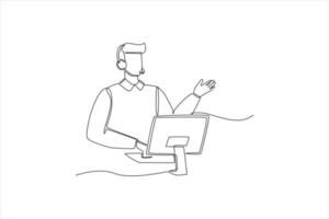 Single one line drawing Operator with headset and computer doing live feedback. Customer service concept. Continuous line draw design graphic vector illustration.