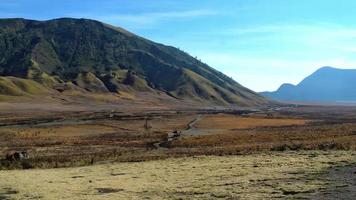 conceito 3-n1 ampla visão da savana com vista montanhosa no monte bromo video