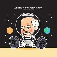 Cute cartoon character of grandpa astronauts is lifting a barbell vector