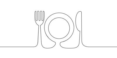 Continuous line drawing of Fork knife and plate on white background. vector