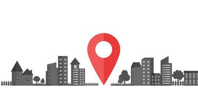 Cityscape with location icon on white background. vector
