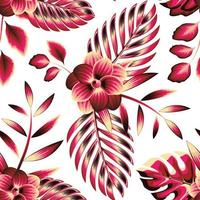 Fashionable abstract seamless background with colorful tropical leaves palm, monstera plant and flowers on white background. Vector design. Jungle print. Floral background. tropical background