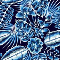 azul estilo monocromático color tropical patrón sin costuras textura de moda con flor de jazmín, plantas de monstera y hojas de palma sobre fondo oscuro. verano tropical exótico. papel pintado de la naturaleza. otoño vector