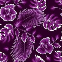 patrón tropical floral sin costuras con hojas de palma violeta claro y hojas de plantas de monstera sobre fondo oscuro. plantas tropicales exóticas. textura de tela impresión de la selva. papel pintado de la naturaleza vector